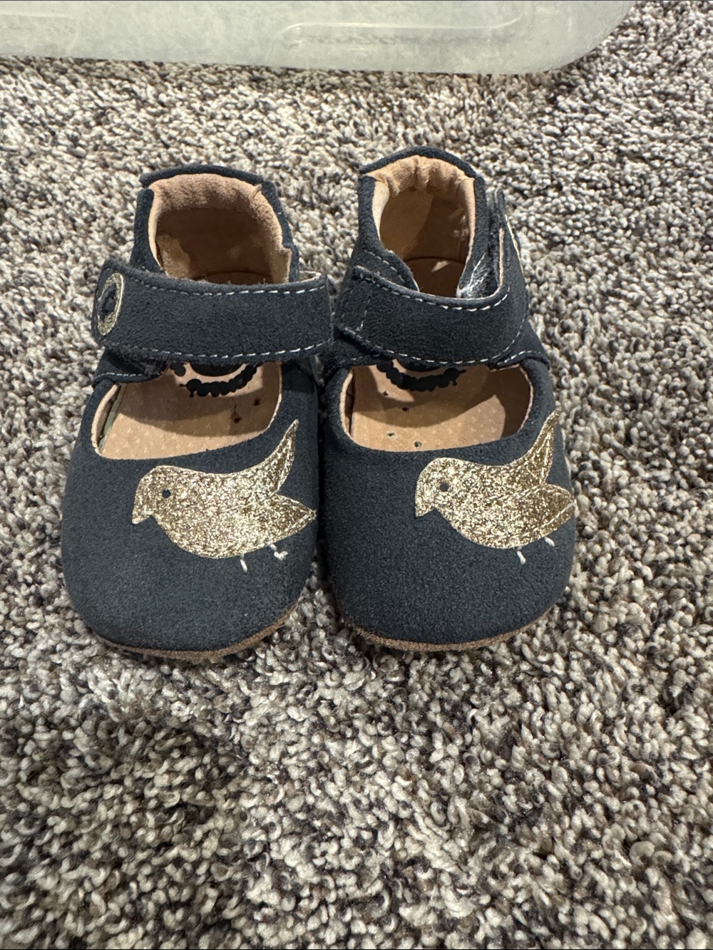 Toddler Navy Mary Jane Shoes with Gold Glitter Bird Accent